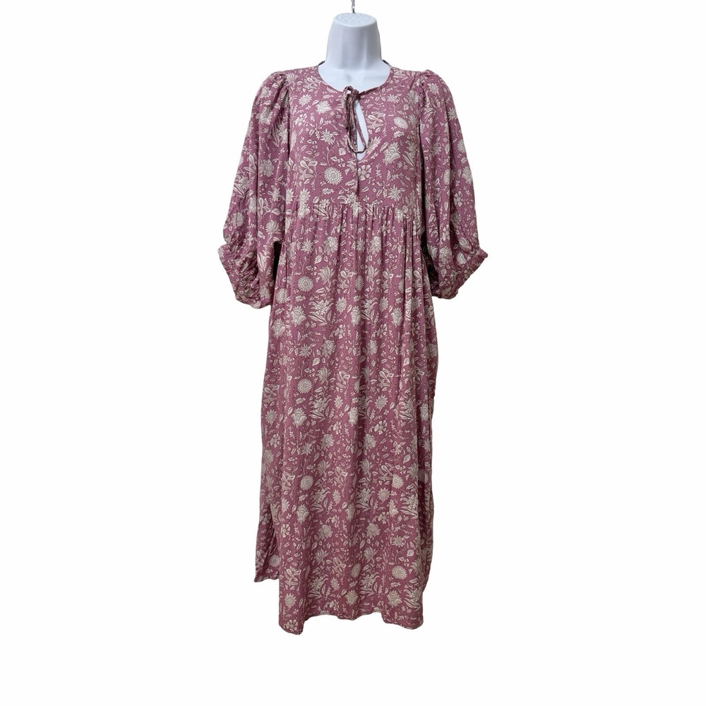 Womens Floral Peasant Puff Sleeve Flowy Midi Dress Size XL Pink Cottage Prairie